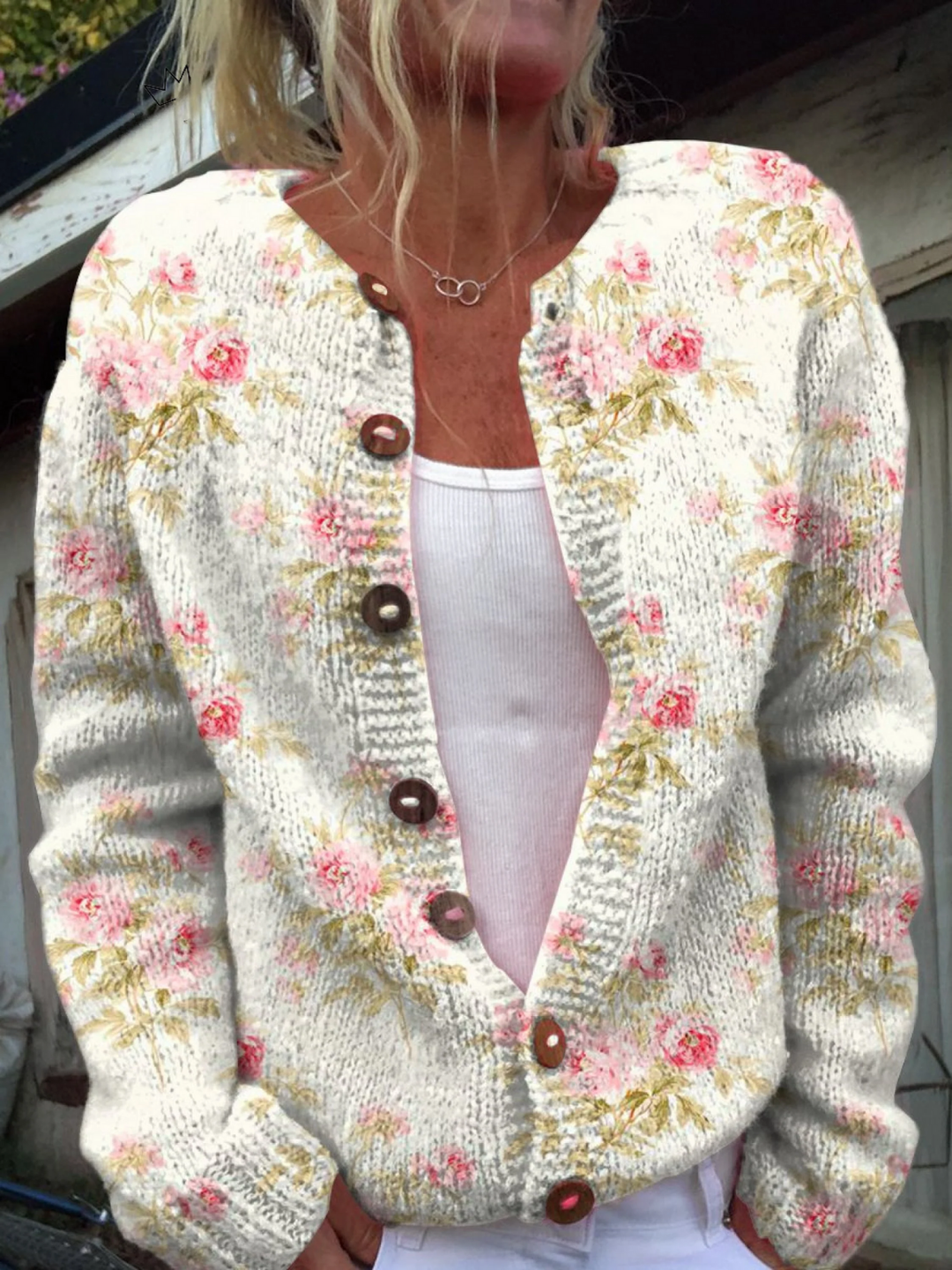Ninon | Cardigan a fiori rosa e foglie verdi | Nico Milan