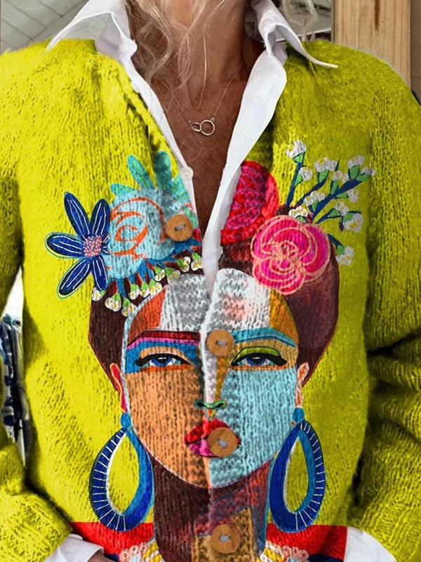 Solène | Cardigan in lana con stampa ritratto di Frida | Nico Milan