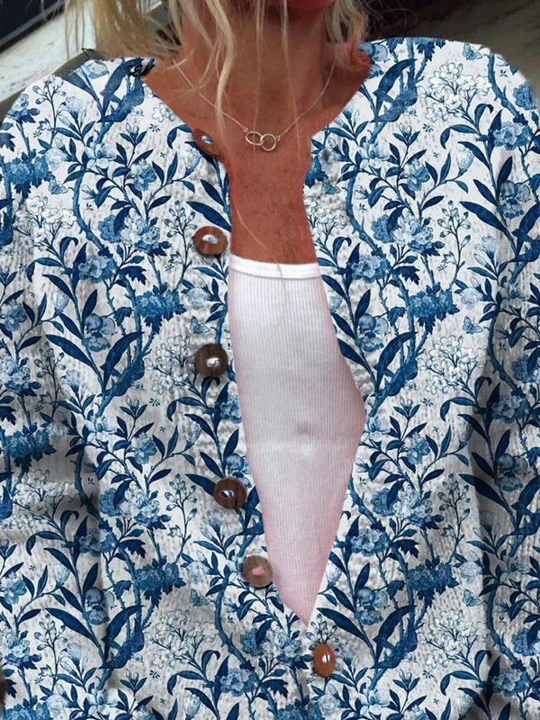 Blandine | Cardigan elegante a stampa floreale blu e bianca | Nico Milan
