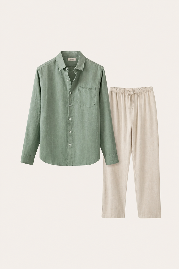 Set in Lino Pisa Manica Lunga Verde/Beige