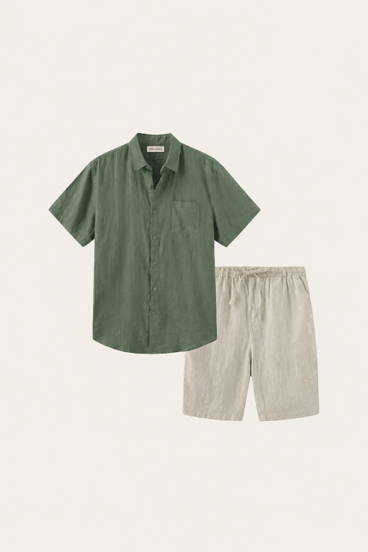 Camicia e Pantaloni Corti in Lino Verona Verde/Beige