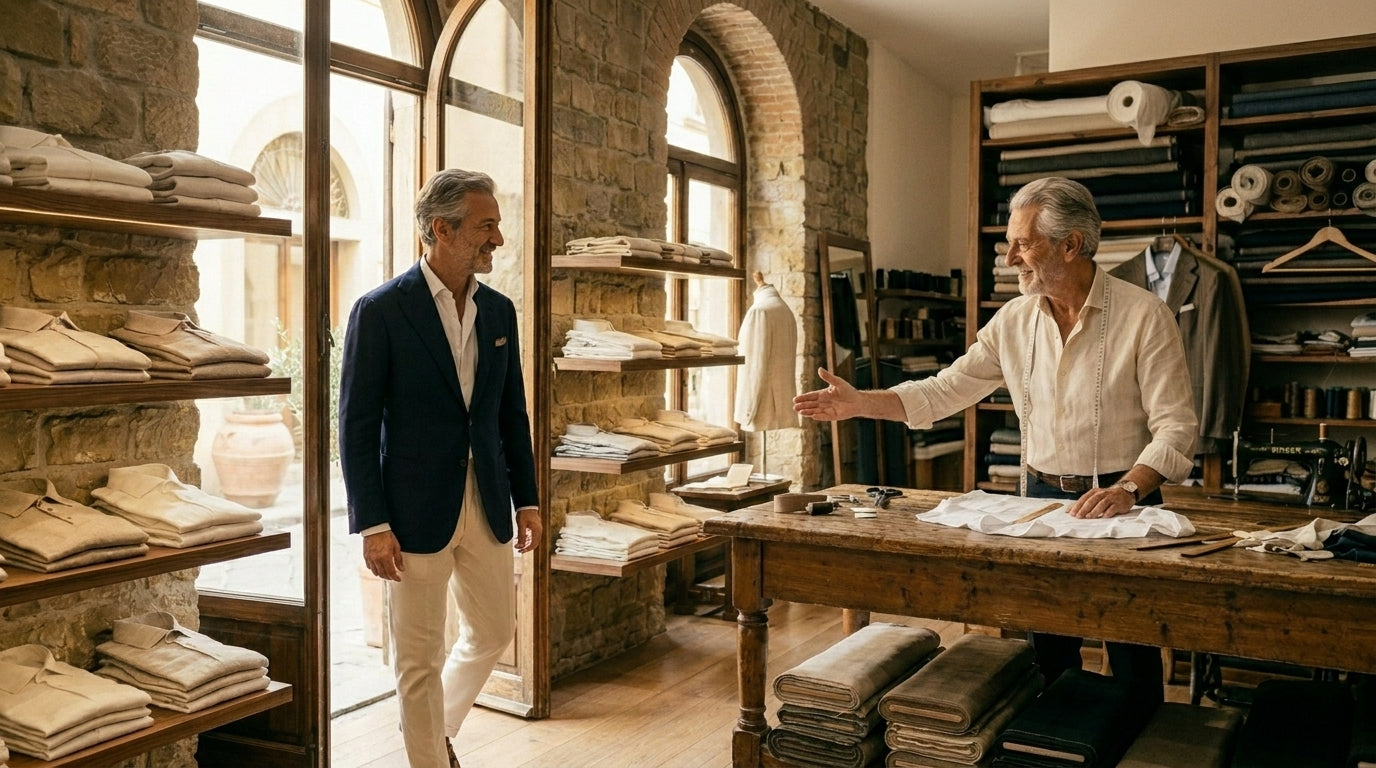 Sarto che accoglie un cliente in atelier