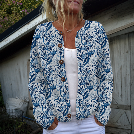 Blandine | Cardigan elegante a stampa floreale blu e bianca