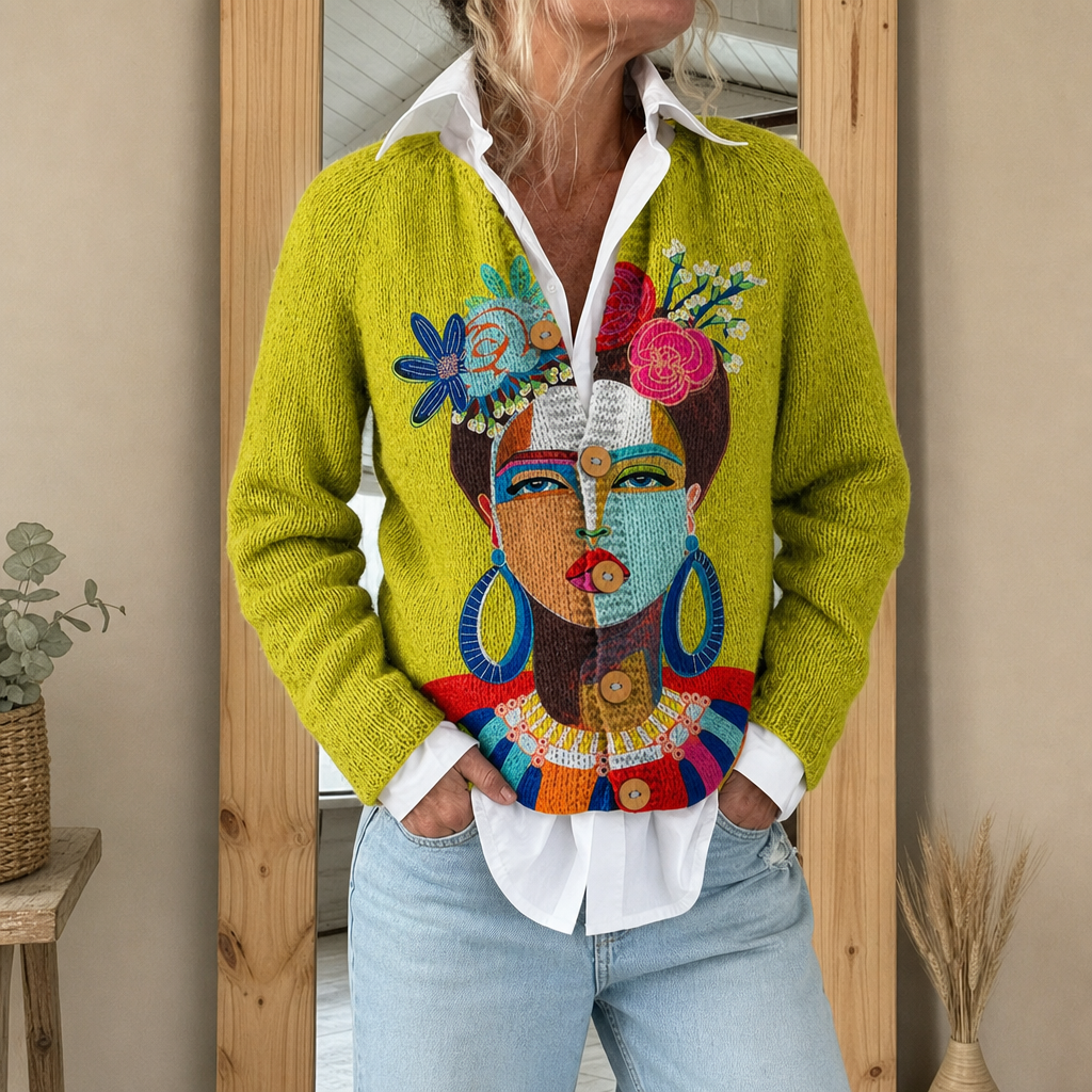 Solène | Cardigan in lana con stampa ritratto di Frida | Nico Milan