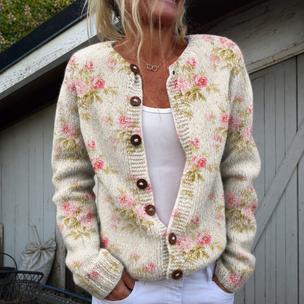Ninon | Cardigan a fiori rosa e foglie verdi | Nico Milan