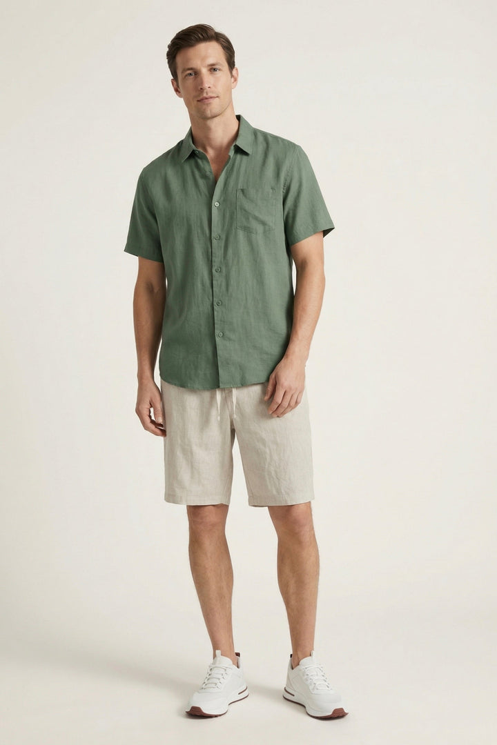 Camicia e Pantaloni Corti in Lino Verona Verde/Beige