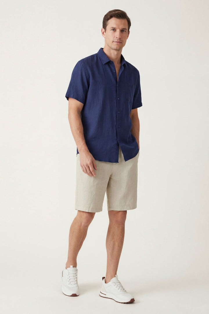 Camicia e Pantaloni Corti in Lino Verona Blu/Naturale