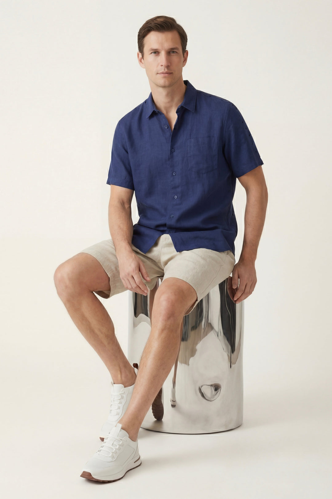 Camicia e Pantaloni Corti in Lino Verona Blu/Naturale