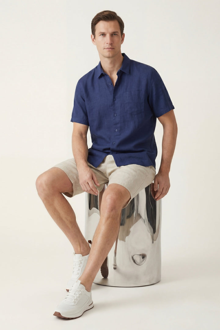Camicia e Pantaloni Corti in Lino Verona Blu/Naturale