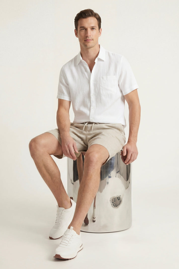 Camicia e Pantaloni Corti in Lino Verona Bianco/Beige