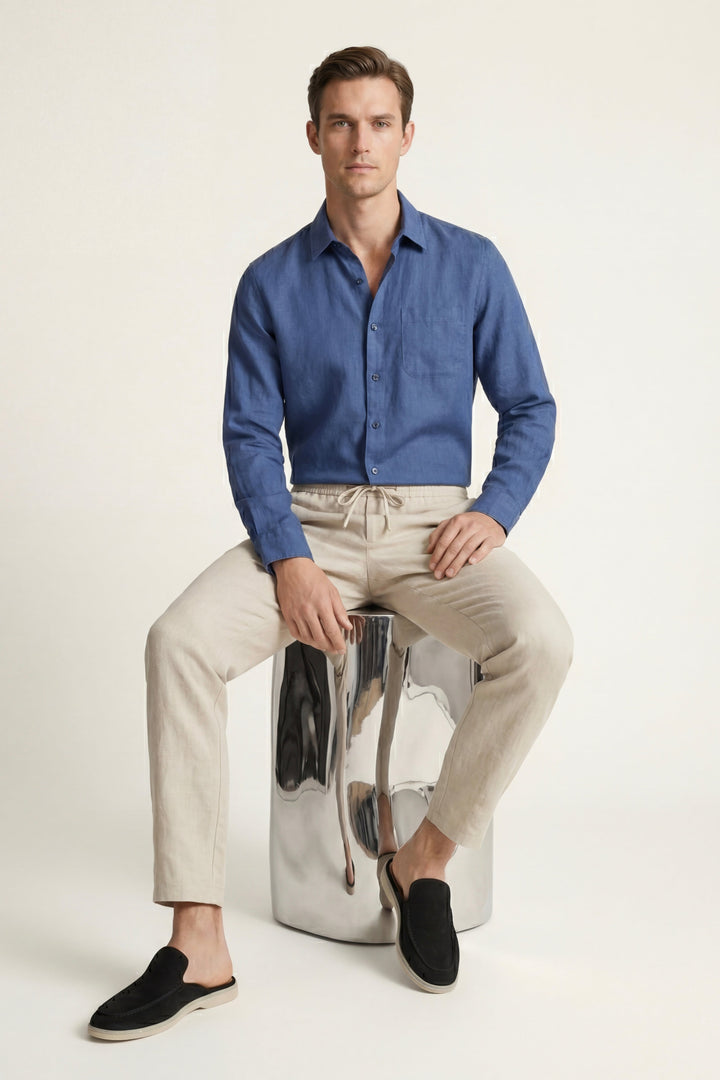 Set in Lino Pisa Maniche Lunghe Blu/Beige