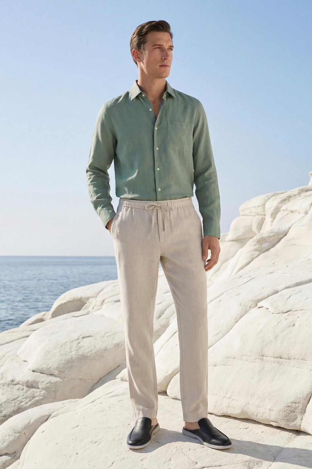 Set in Lino Pisa Manica Lunga Verde/Beige