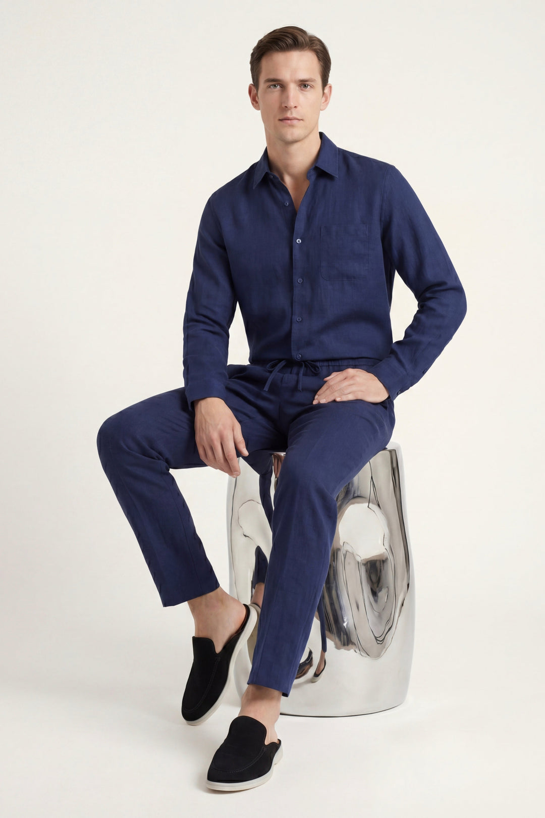 Set in Lino Bellagio Manica Lunga Blu Navy