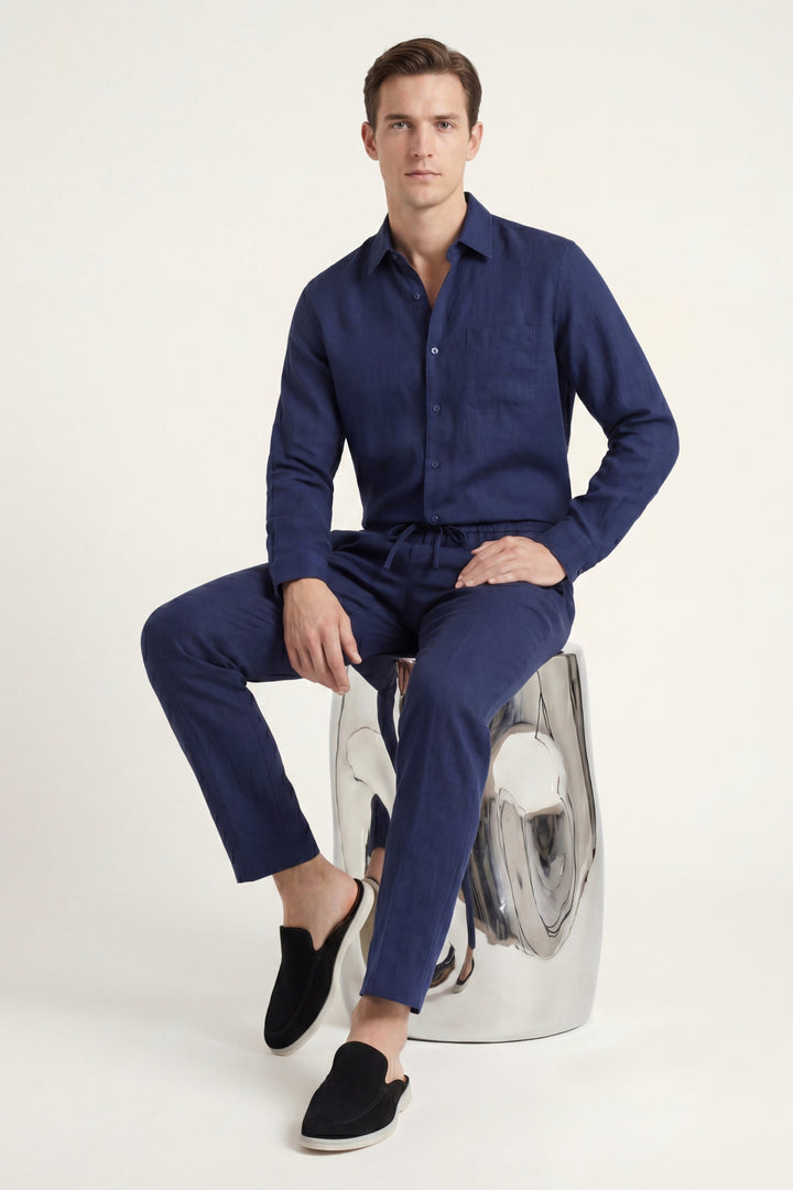 Set in Lino Bellagio Manica Lunga Blu Navy