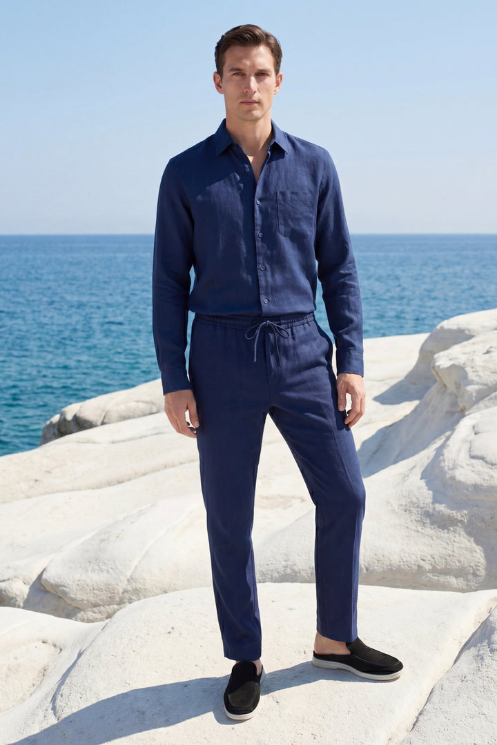 Set in Lino Bellagio Manica Lunga Blu Navy