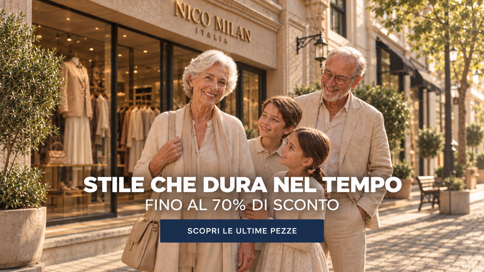 Coppia senior con i nipoti davanti alla boutique Nico Milan Italia. Stile che dura nel tempo, fino al 70% di sconto.