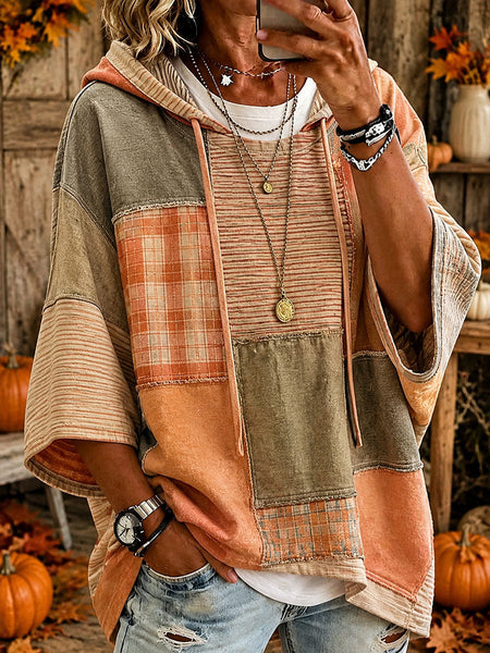 Felpa con cappuccio da donna autunnale con patchwork artistico