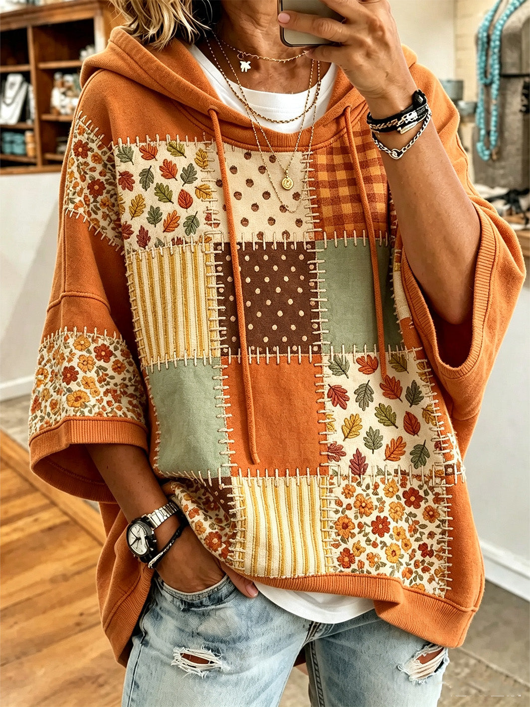 Felpa con cappuccio casual da donna con stampa di elementi autunnali | Nico Milan
